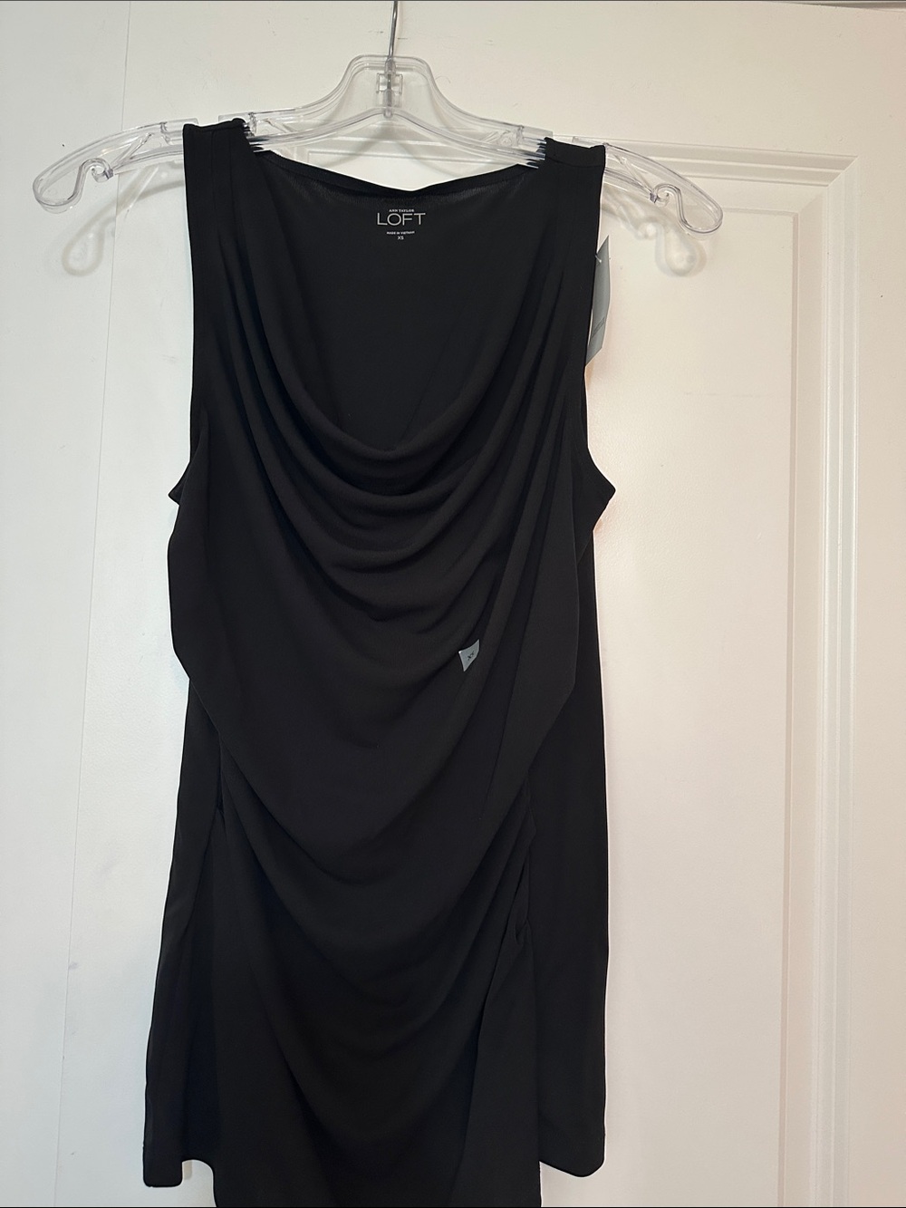 NWT sz XS LOFT black sleeveless jersey tank top features a draped cowl neckline